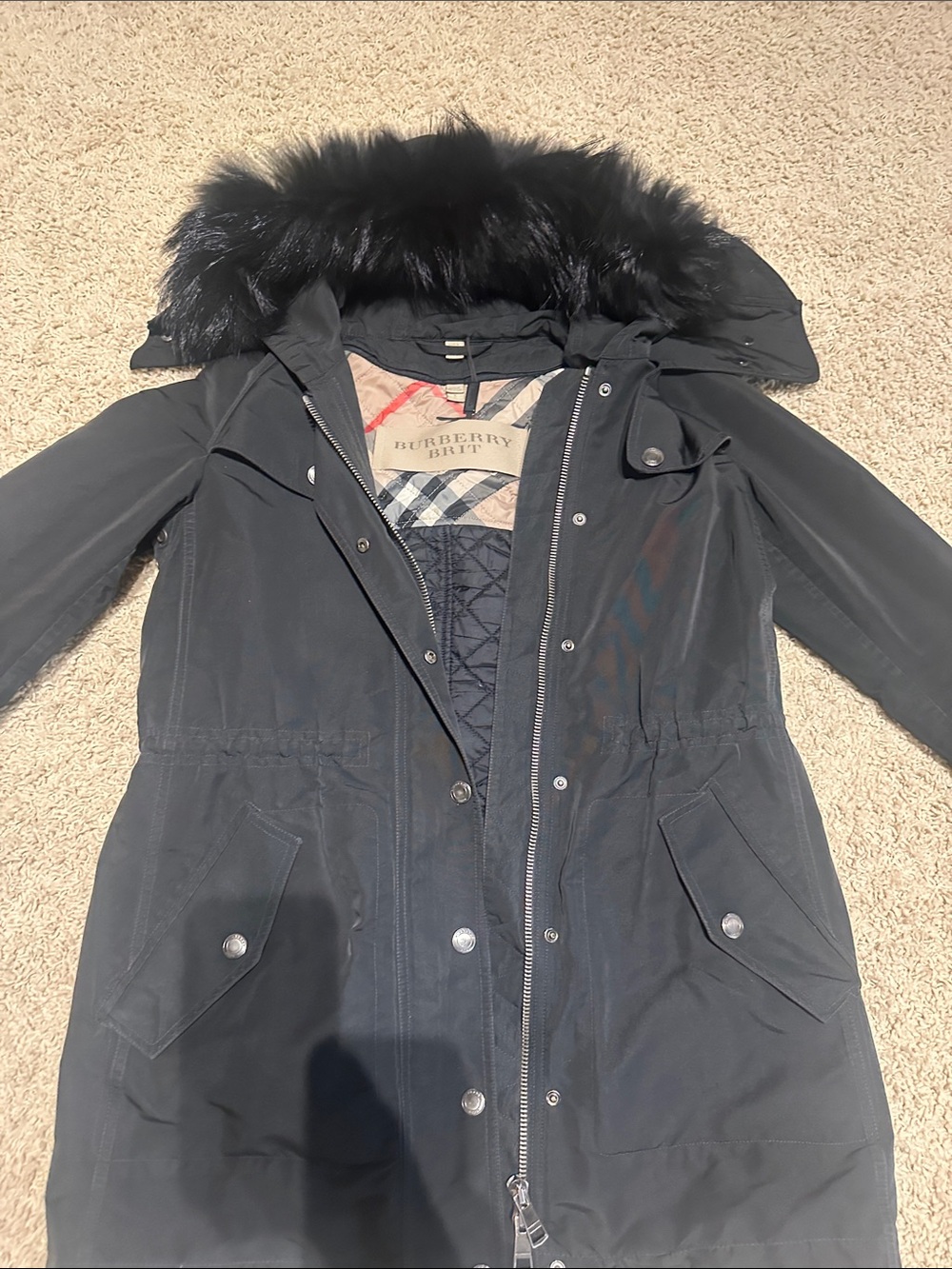 Burberry Black Trench-Style Parka with Fur-Trim Hood